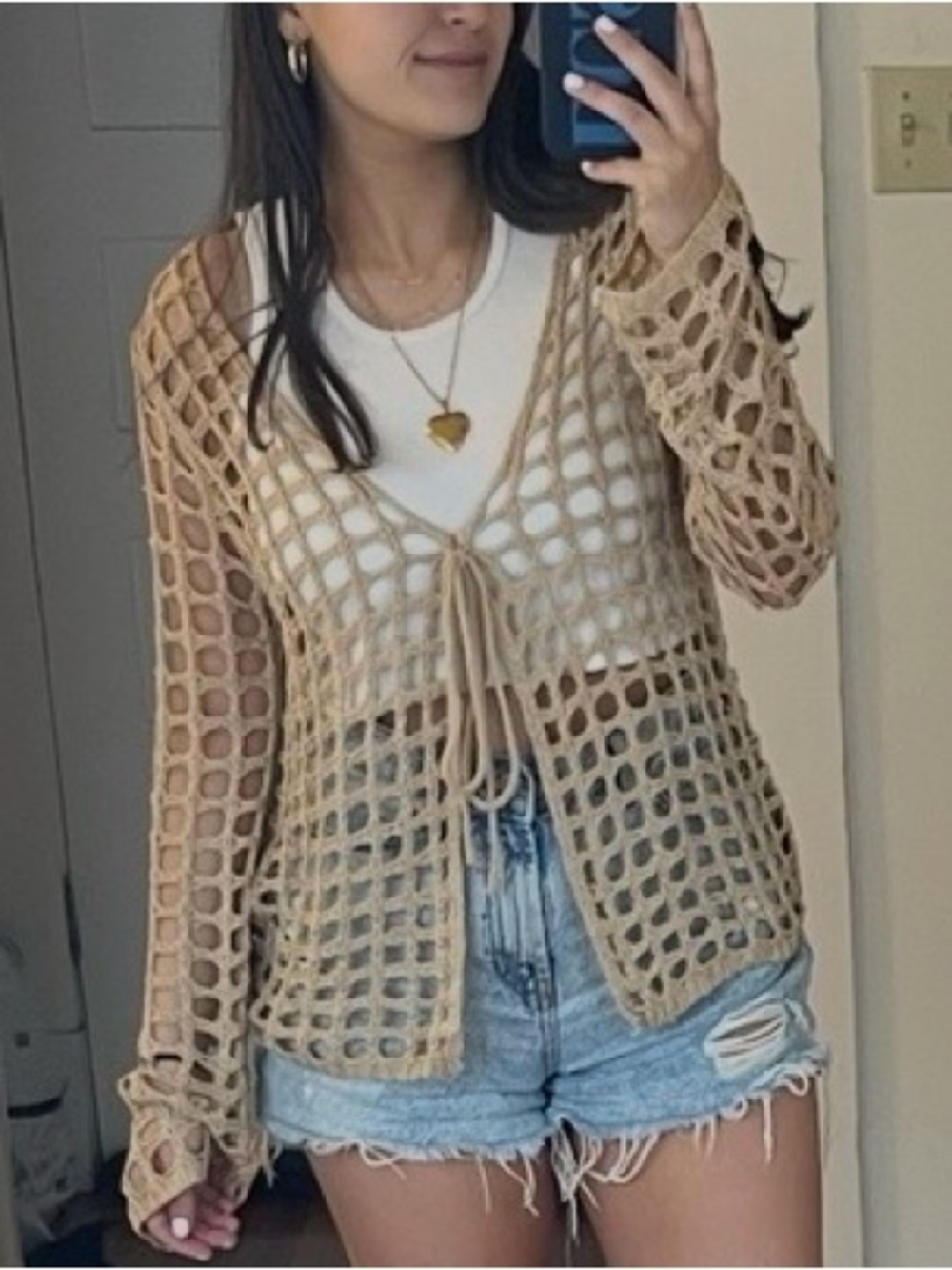 Revolve MORE TO COME Malya Tie Front Crochet Knit Cardigan Nude